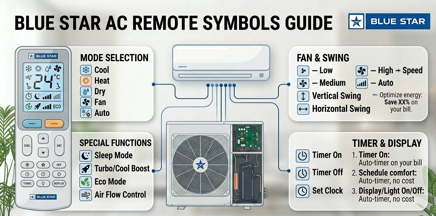 6 Blue Star AC Remote Symbols Meaning (Cool, Dry, Fan)